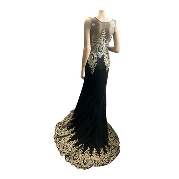 Shail K Rhinestone Mesh  Black Gold Evening Gown  W/ Train  Size 10 Prom - Picture 3 of 14